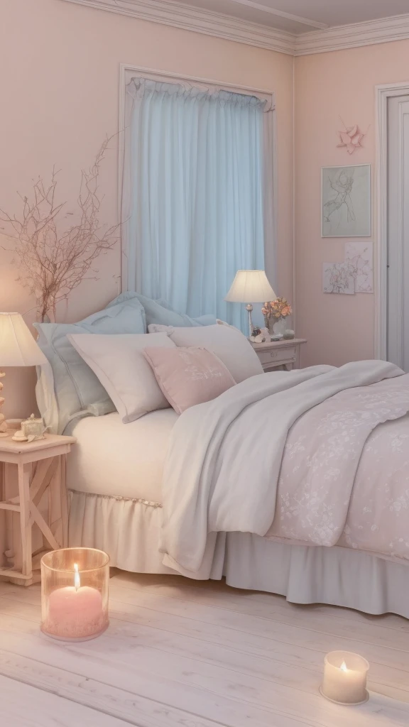 A cozy cottage, dreamlike bedroom with roots and candle shapes as carrots, fantasy, pastel colors, soft lighting, ethereal, wonderland (best quality,4k,8k,highres,masterpiece:1.2),ultra-detailed,(realistic,photorealistic,photo-realistic:1.37),HDR,studio li...