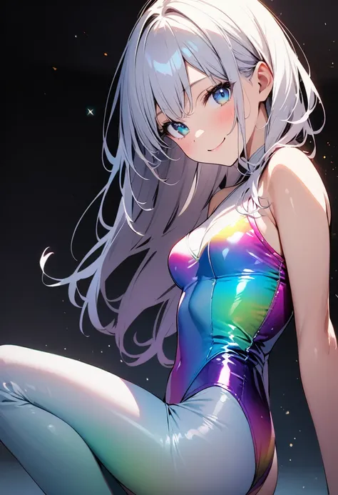 (masterpiece:1.2),Highest quality,Pixiv ,One girl,alone,View your viewers,smile,White background only,whole body,From the side,One knee,,Look to the side、white background only,A leotard with glittering embellishments,tight-fitting leotard,Rainbow gradient ...