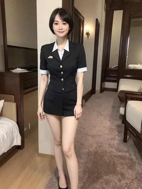 Highest quality、masterpiece、8k、Very detailed、Realistic、Looking at me with a smile、whole body、Black Hair、Short Hair、Small face、Slender、Big Breasts、Thin and beautiful legs、narrow and constricted waist,、(Tight reception uniform:1.2)