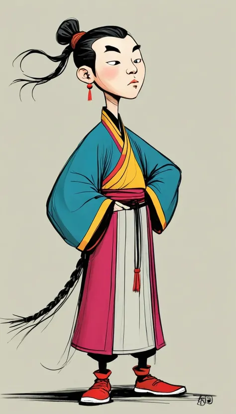 (((Exaggerated digital character sketches:1.37))).(China-Qing Dynasty Prince-Long Braid)，(Black sketch lines，Loose brushstrokes create the outline，Cartoon Style. Bright colors and simplified lines, sketch)。(Exaggerated body movements，Long legs),(fear）