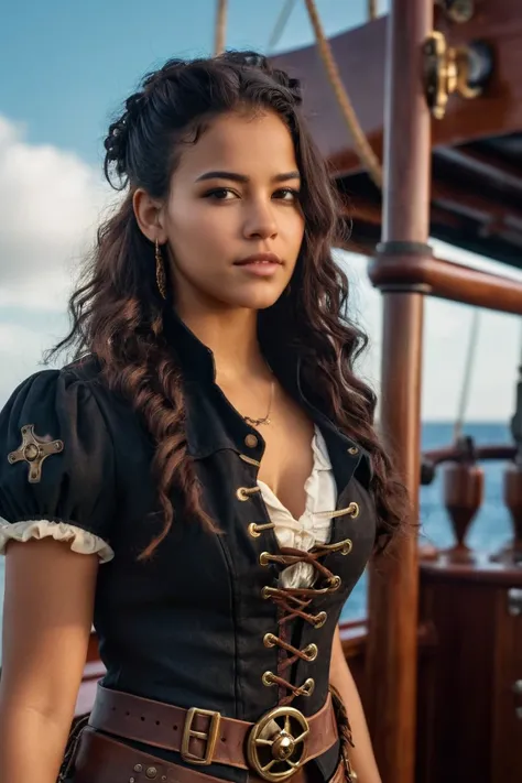 cinematic film still of beautiful latina 18 yo girl as a cyberpunk pirate, vignette, highly detailed, Hollywood movie, ((cowboy shot)), standing on the deck of steampunk ship,