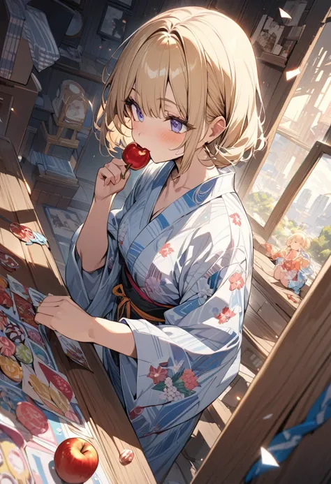 A blonde bob girl is wearing a yukata Of flower pattern(Glittering yukata) and eating apple candy(Japanese Ringo candy),Please draw a beautiful and magnificent picture of the big Ringo candy.masterpiece,best quality,ultra-detailed, illustration, detailed l...