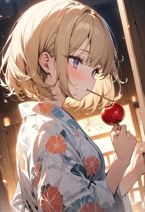 A blonde bob girl is wearing a yukata Of flower pattern(Glittering yukata) and eating apple candy(Japanese Ringo candy),Please draw a beautiful and magnificent picture of the big Ringo candy.masterpiece,best quality,ultra-detailed, illustration, detailed l...