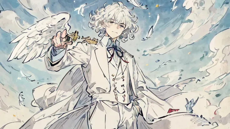 1 boy,CG,whole body,masterpiece,best quality,Extremely refined boy,Extremely refined,White hair, Gray eyes, curls, smug, Beautiful and detailed sky, Looking at the audience,(Extremely refined),,A faint smile, ((SFW)), trumpet,Big scene,Flying Feathers,Ribb...