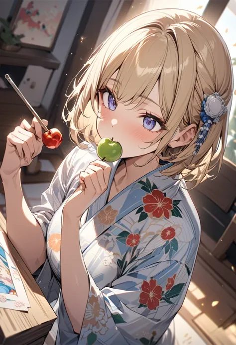 A blonde bob girl is wearing a yukata Of flower pattern(Glittering yukata) and eating apple candy(Japanese Ringo candy),Please draw a beautiful and magnificent picture of the big Ringo candy.masterpiece,best quality,ultra-detailed, illustration, detailed l...