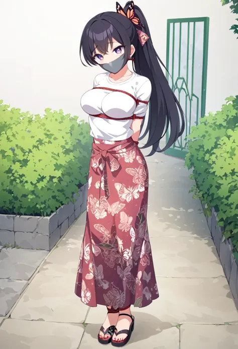 score_9, score_8_up, source_anime, 1girl, solo,The photo shows a young person standing outdoors,  They are smiling and wearing a white t-shirt with a design featuring a rabbit and text, paired with a patterned purple sarong or long skirt and sandals. The b...