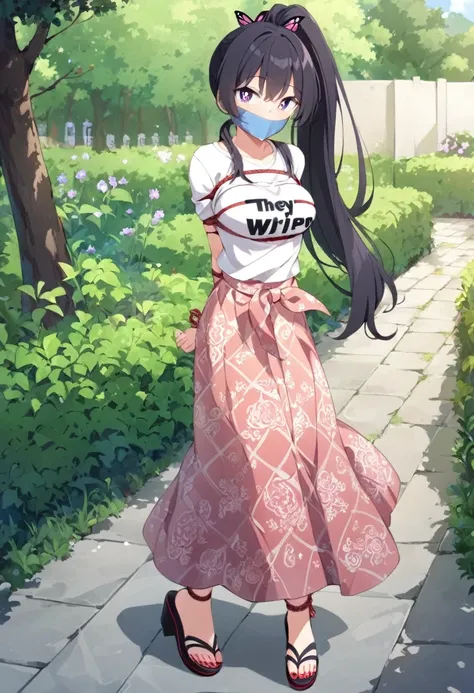 score_9, score_8_up, source_anime, 1girl, solo,The photo shows a young person standing outdoors,  They are smiling and wearing a white t-shirt with a design featuring a rabbit and text, paired with a patterned purple sarong or long skirt and sandals. The b...