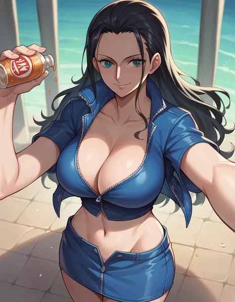 score_9, score_8_superior, score_7_superior, sauce_anime, Highest quality, Clear Face, Nico Robin, Black Hair, Long Hair, Large Breasts, Perfect body, View your viewers, smile, Cleavage, Dynamic Angle, Blue jacket, Short sleeve, belly button, Outdoor