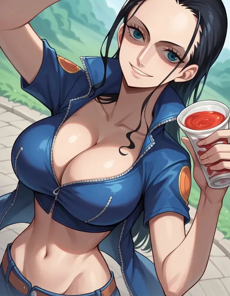 score_9, score_8_superior, score_7_superior, sauce_anime, Highest quality, Clear Face, Nico Robin, Black Hair, Long Hair, Large Breasts, Perfect body, View your viewers, smile, Cleavage, Dynamic Angle, Blue jacket, Short sleeve, belly button, Outdoor