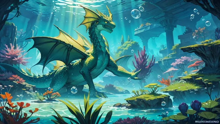 ilustraçao digital rpg Vibrant, underwater scene , dragon-like creature with green scales, The background is a rich, blue underwater environment filled with various fish, plants, and bubbles, creating a lively and magical atmosphere.