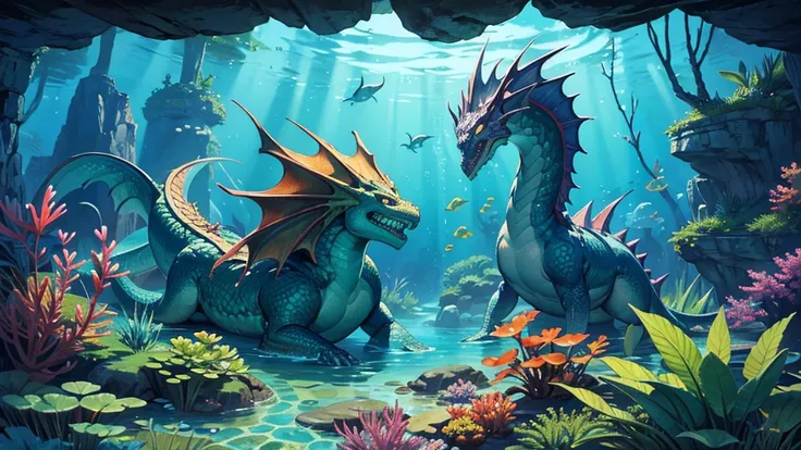 ilustraçao digital rpg Vibrant, underwater scene , dragon-like creature with green scales, The background is a rich, blue underwater environment filled with various fish, plants, and bubbles, creating a lively and magical atmosphere.