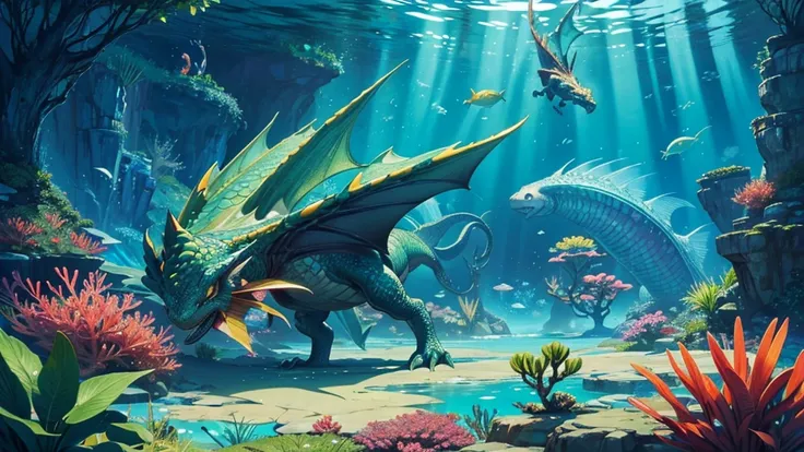 ilustraçao digital rpg Vibrant, underwater scene , dragon-like creature with green scales, The background is a rich, blue underwater environment filled with various fish, plants, and bubbles, creating a lively and magical atmosphere.