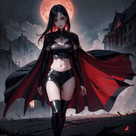 best quality, 4K, high resolution, masterpiece:1.2, Very detailed, actual:1.37, Mood lighting, Girl in a long cape, Only wearing a reflective rubber bra and a reflective latex skirt and a pair of knee-high stockings, Exposes the navel，Shows the skin above ...