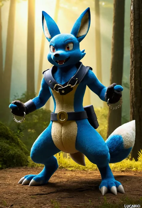 Lucario, Are standing, Chest Spikes, forest, Handcuffed, Thick thighs, Dynamic pose, Combat pose, amazing, Cinema Lighting, Volumetric Lighting, Light Tone, warm color, colorful,, masterpiece, Super Detail, high quality, Awards, 最high quality, High resolut...