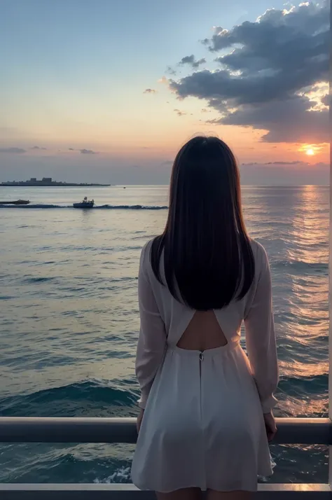 Wide sky。Ocean。One girl。Back view。evening。dusk。