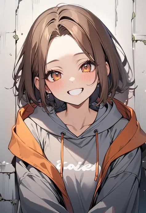 1 girl, bob, center part, forehead, brown hair, piercing, brown eyes,  happy, grin,
BREAK (masterpiece), (high resolution 8K), detailed eyes and face, detailed body, 
BREAK gray hoodie, open hoodie, leaning back on wall,