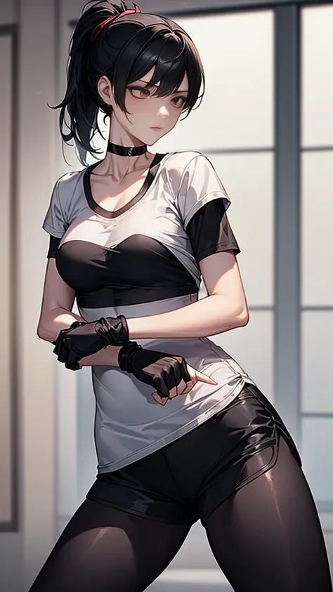 ((Highest quality)), ((masterpiece)), (detailed)　｛{{Slender female martial arts instructor}}｝　Shorts　{{Décolletage}}　White short sleeve T-shirt　Mature Woman　((Combat Stance))　Long fingerless gloves　Black tights　{{Inside the dojo}}　Black Hair　ponytail　((Leg...