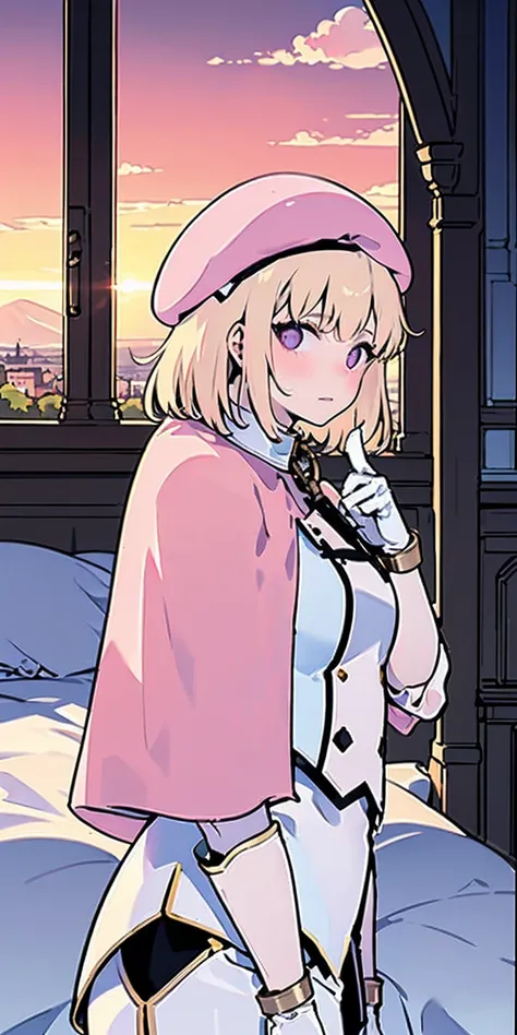 masterpiece, best quality, beret, pink capelet, pink tunic, white pants, brown gloves, upper body, sunset, gothic architecture, castle, clouds, looking at viewer, from side, shy, better hands, metal collar, shackles, bracers, standind on bed