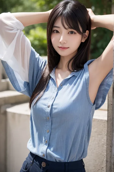 Japanese woman with dark hair, wide shirt, arms raised, armpits visible through sleeves