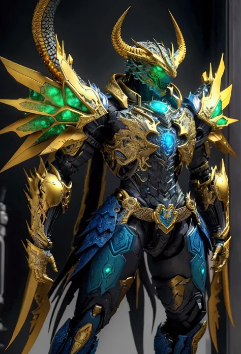 manคนหนึ่งสวมหมวกกันน็อคเต็มใบ, Fantasy style biotechnology armored battle suit, green eyes, (Multi-layered chest armor), Closed shoulder guard, Matching arm and leg protection, A belt decorated with dragon claw orbs., (The color scheme is mostly yellow wi...