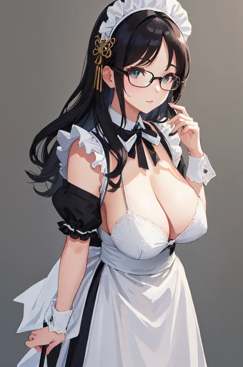 {{masterpiece}},high quality, 4K, 2D, 1 girl,{simple gray background},{{attractive mature lady}},milf,standing,sagging breasts,{{gigantic breasts}},maid,front face,{{tareme}},attractive mature lady,black hair, {from right in front of face and body},View vi...