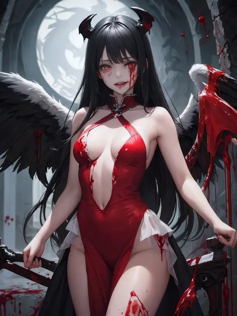 (Highest quality,4K,High resolution,masterpiece:1.2),Very detailed,Realistic:1.37,Spooky altar background,Dark fantasy,Red color scheme,Ominous atmosphere,Eye-catching,Storytelling,anatomy,Anime Style,Concept Art,beautiful細部までこだわった顔と (((Red eyes ))),A terr...