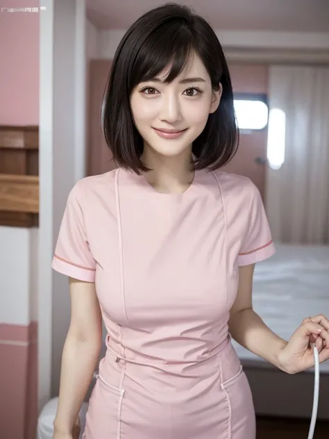 Highest quality、masterpiece、8k、Very detailed、Realistic、Looking at me with a smile、whole body、Black Hair、Short Hair、Small face、Slender、Impossibly large breasts、Thin and beautiful legs、narrow and constricted waist,、(Pink tight nurse uniform:1.2)