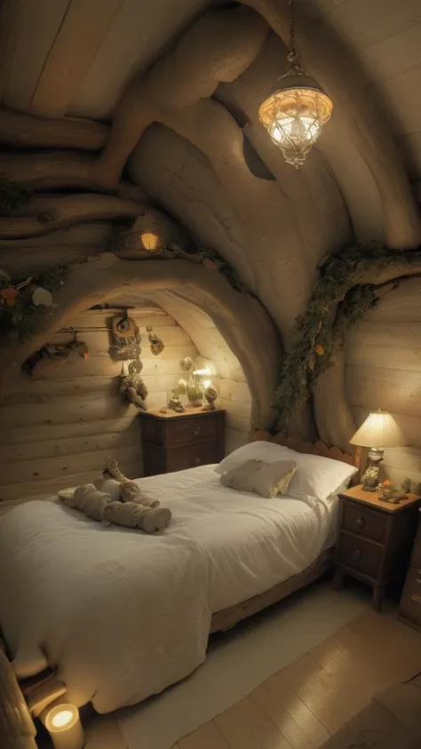 A cozy cottage, dreamlike bedroom with roots and candle shapes as carrots, fantasy, underground, colors, soft lighting, ethereal, hobbit wonderland (best quality,4k,8k,highres,masterpiece:1.2),ultra-detailed,(realistic,photorealistic,photo-realistic:1.37),...