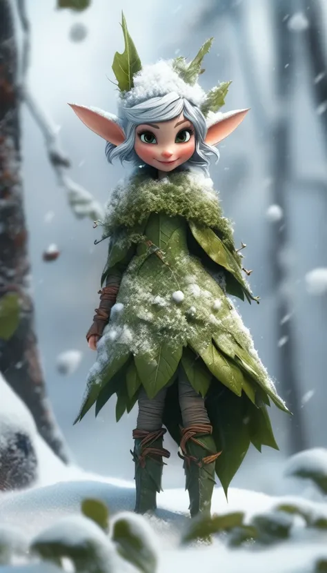 a snowy winter leaf pixie girl on a leaf in the snow, the snow pixie and the world of adventure, photo realism, 8k resolution,