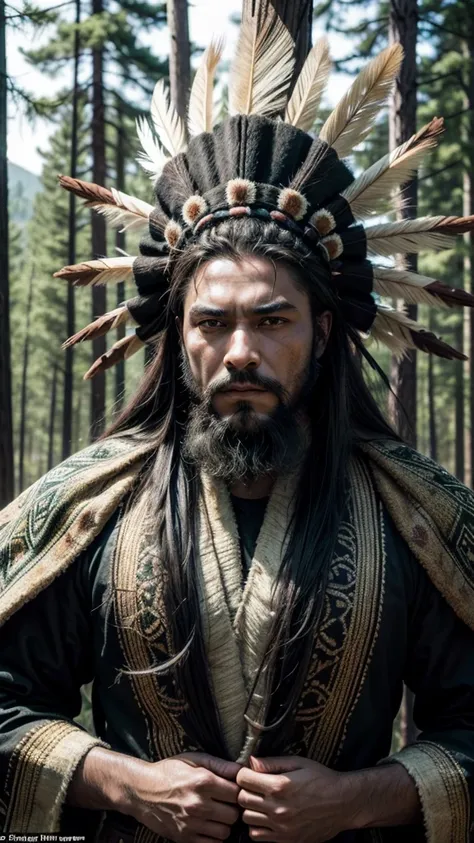 a Black man, stark, with beard, like you wear indigenous green, a large indigenous headdress on the head, hunting with bow and arrow in hands, expression of bravery on the face, in the background a forest 