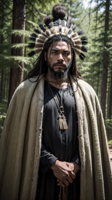 a Black man, stark, with beard, like you wear indigenous green, a large indigenous headdress on the head, hunting with bow and arrow in hands, expression of bravery on the face, in the background a forest 