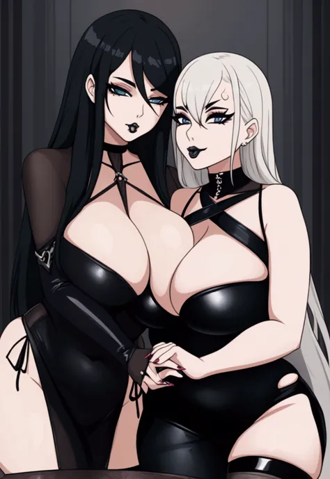 Two sexy, curvy goth women holding each other