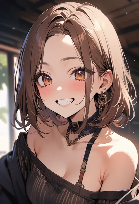 1 girl, bob, center part, forehead, brown hair, piercing, brown eyes,  happy, grin,
BREAK (masterpiece), (high resolution 8K), detailed eyes and face, detailed body, 
BREAK off-the-shoulder, 