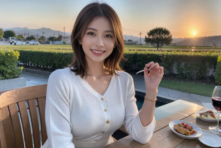 （Realistic:1.1）,(masterpiece,Highest quality)，8k,(40 years old), 42 years old, slimカップル、Model Couple、actress/actor、Tight waist,Upper Body,full-course dinner、wine 、Amazing view of the sunset sky and clouds、Perfect Anatomy, Brown Hair, short hair,Random Hair...