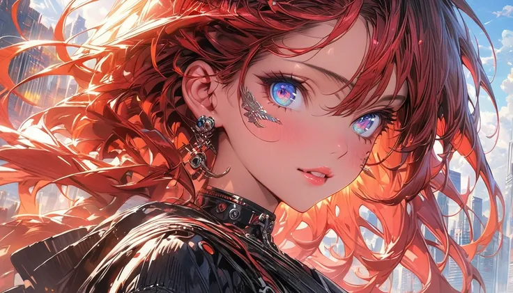 (High quality art,anime,Ultra-detailed),(Best Quality,4K,8k,High resolution,masterpiece:1.2),Beautifully detailed lips,Highly detailed eyes and face,Redhead,Bright Eyes, blue eyes, (Eye details:1.3), Are standing,Cityscape