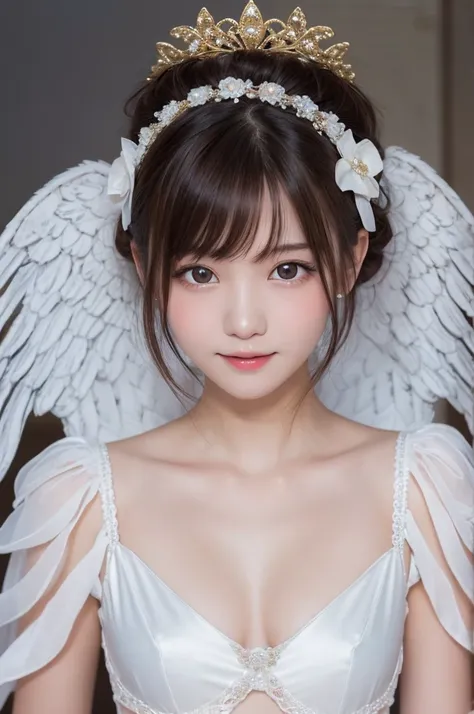 masterpiece, Highest quality, One Girl, (Beautiful girl, Delicate girl:1.3), (13 years old:1.3), Very fine grain definition, (Symmetrical eyes:1.3), (heaven:1.2), (Angel, Angel wings, Angel ring:1.2), (Angel costume:1.2), Small breasts, Brown eyes, Parted ...