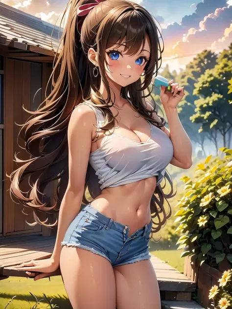 1girl, solo, beautiful girl, brunette skin, blue eyes, detailed anime style, perfect anatomy, narrow waist, medium breasts, long hair, brown hair, high ponytail, blue eyes, detailed eyes, blush, earrings, strapless shirt, pink shirt, open clothes, denim sh...