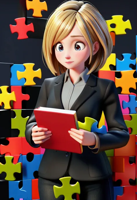 3D Pixar style poster. woman with light skin, very straight dark blonde HAIR, light brown eyes, black blazer, black jeans, gray shirt, white sneakers, notebook in hand, BACKGROUND WITH RED, blue, green and yellow PUZZLE.