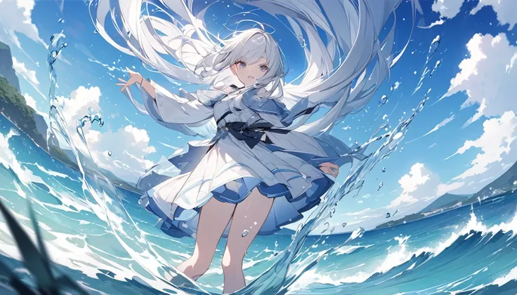 mysterious。White Hair Girl。Detailed Background。水の力を操るWhite Hair Girlが、A scene creating a water tornado。The ocean and lakes spread out in the background。