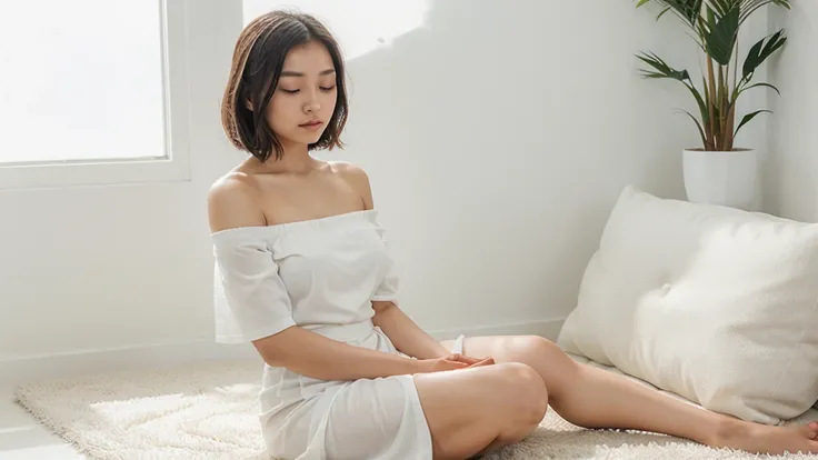 A 22-year-old Thai woman with a calm face, no tightly closed eyes, big dark eyes, a high-bridged nose, short hair, wearing a light and comfortable white dress with an off-shoulder design and a diagonal sash, sitting in a meditation pose with eyes closed, b...