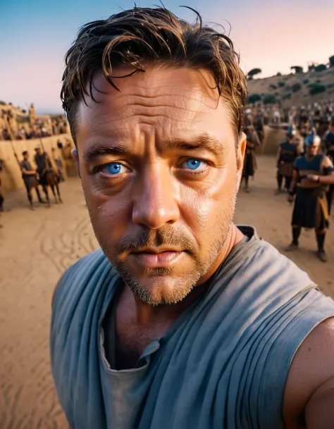 A hyper-realistic GoPro selfie of a young slender Russell Crowe on the Gladiator set, featuring expressive blue eyes, a flawless face, highly detailed features, a photographic 35mm shot, golden hour lighting, cinematic illumination, extreme realism, sweat,...