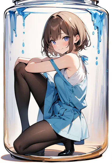 (masterpiece:1.2),Highest quality,Pixiv ,One girl,alone,View your viewers,smile,White background only,whole body,From the side,One knee,,Look to the side、white background only,Hurricane Blue、Hurricane Jar、Brown Hair、short hair、((pantyhose)),、No background