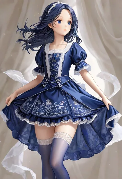 10 year old girl underwear, Realistic panties and bloomers made from patterned cotton fabric, A vibrant dark blue one-piece medieval dress with white embroidery and panniers, Fabric Realism, Low - Angle, You can see the drawer, Pull up the dress by hand, S...