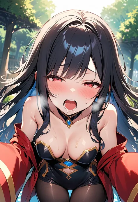 only_girl、Very huge_chest、Long Hair、Black Hair、Red eyes、Red Jacket、black pants、black tights、blush、Expressionless、Open your mouth、Outdoor、Cowboy Shot、最high quality、high quality、masterpiece、Hyper Detail、Detailed face、clavicle、bangs, orgasm,Excited,Heavy brea...