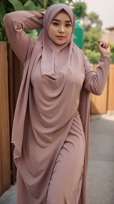 A beautiful Asian girl in a long hijab with tight and clearly visible breasts, With dark colored clothes, was raising both hands , and good quality images