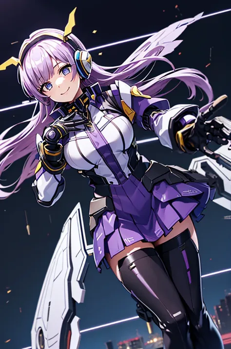 mecha wings、black and yellow skirt、accentuated thighs、tights、chest、beautiful light purple hair、1 girl、solo girl、thick thighs、is、...