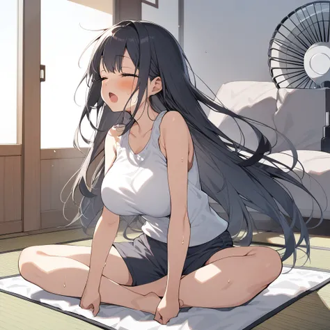 1girl, sitting, (indian style, agura:1.3), spread legs, stylish ankles, (big electric fan:1.5) on face, closed eyes, (open mouth:1.3), from side, full body, v arms,headback, holding ankles,leaning forward, summer,indoors,tatami, (living room:1.3),mountains...