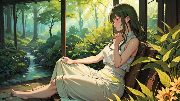 「In the quiet forest、A female character is meditating under a big tree。She is wearing relaxed yoga wear.、Sitting cross-legged、I close my eyes and take a deep breath。Lush green trees all around々And the flowers spread out、The soft morning light shines throug...