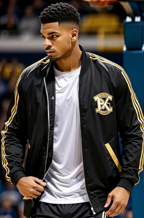 Sports jackets for basketball with black colors, gold and white