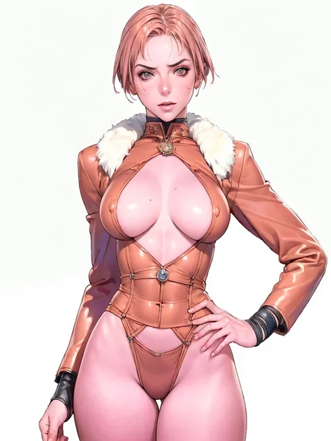 (((Annie Lennox))), (((copper color suit))), (scars), (((bandaged arms))), (((Copper-colored clothes))) ((fur hood)), (((best qualityer: 1.4))), (Unbeatable masterpiece), (hiper HD),(CG 8k hyper-realistic), brave face, (((breasts big))), (((hyper feminine)...